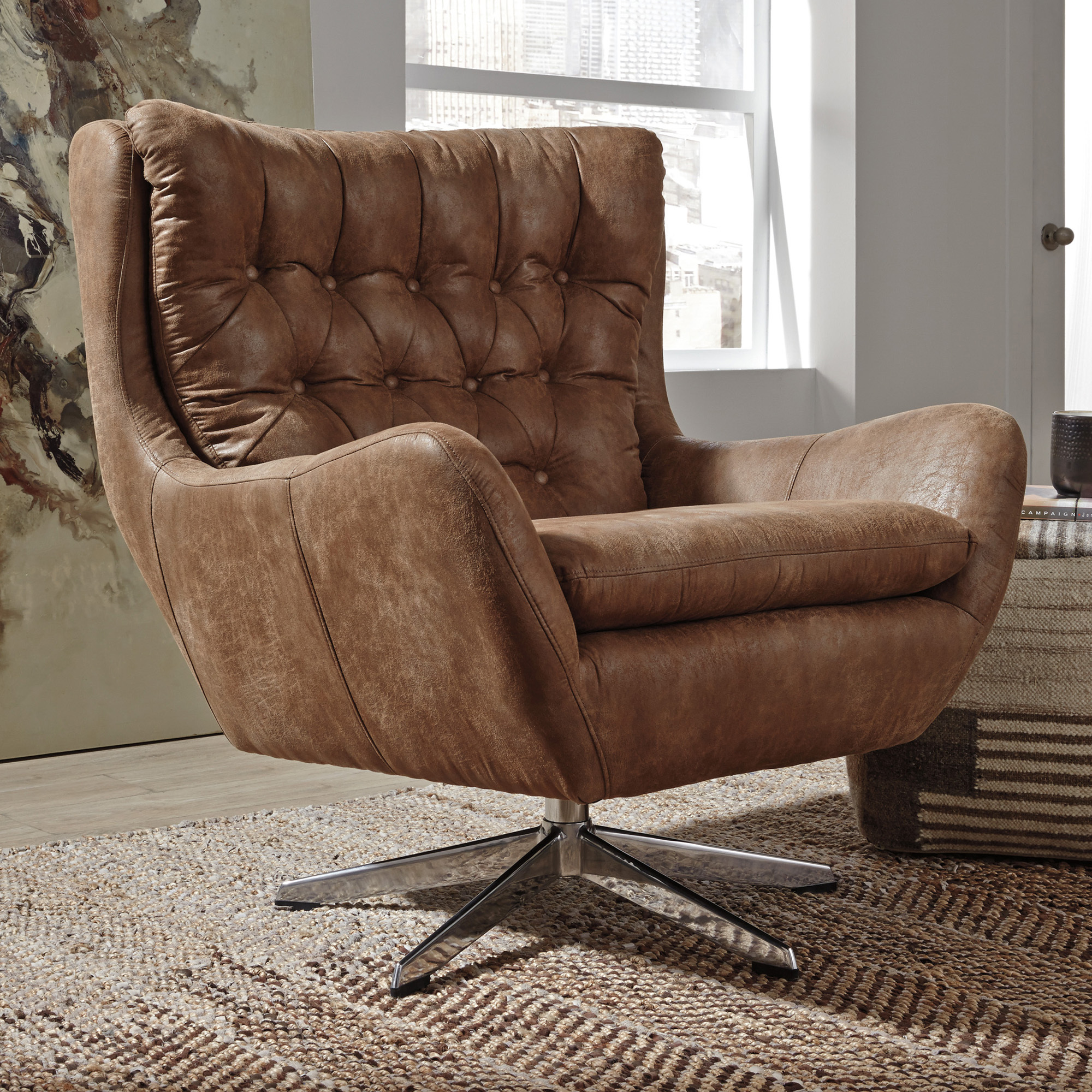 Anita Design Living Brown Venia Faux, Faux Leather Swivel Chair Living Room