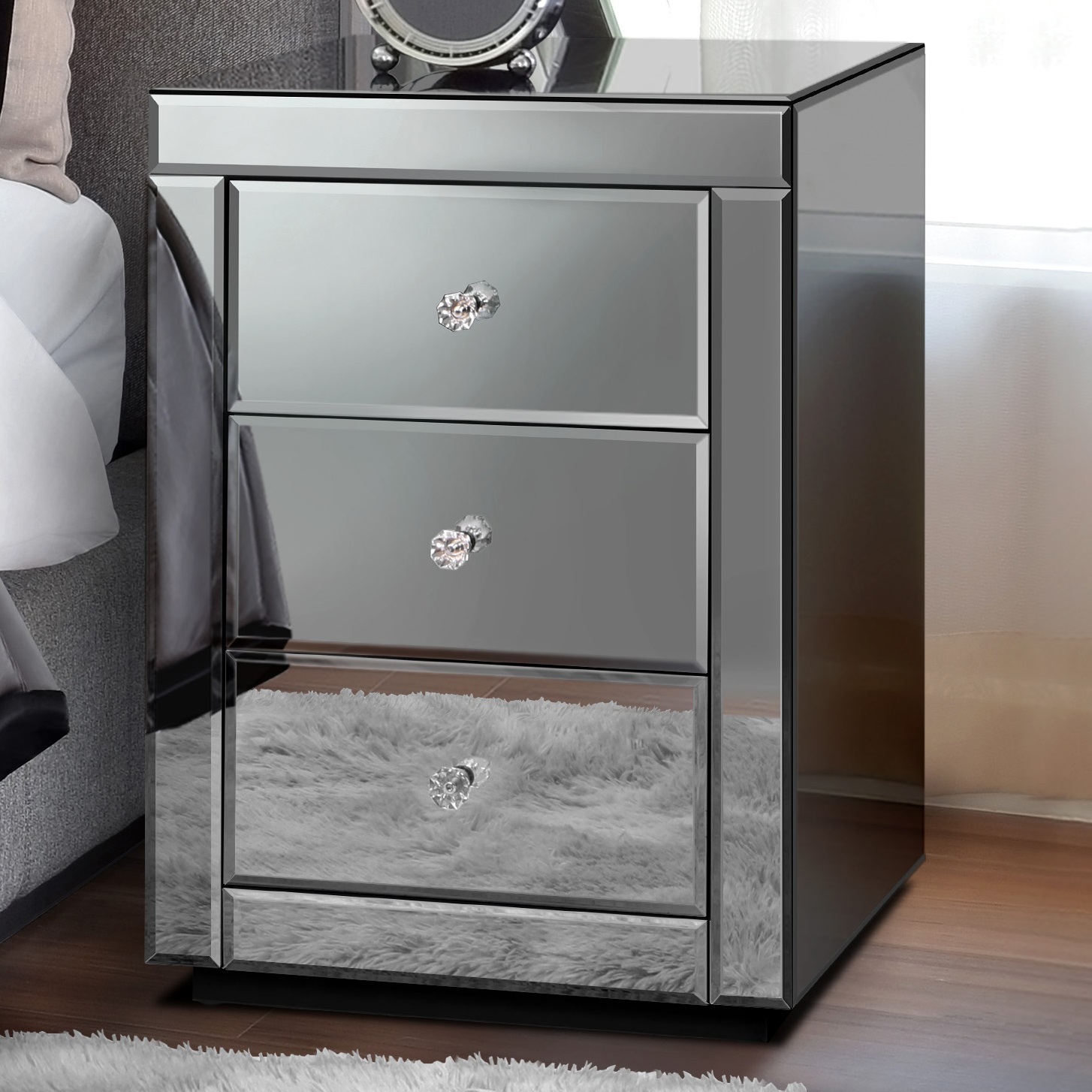 3 drawer glass bedside table