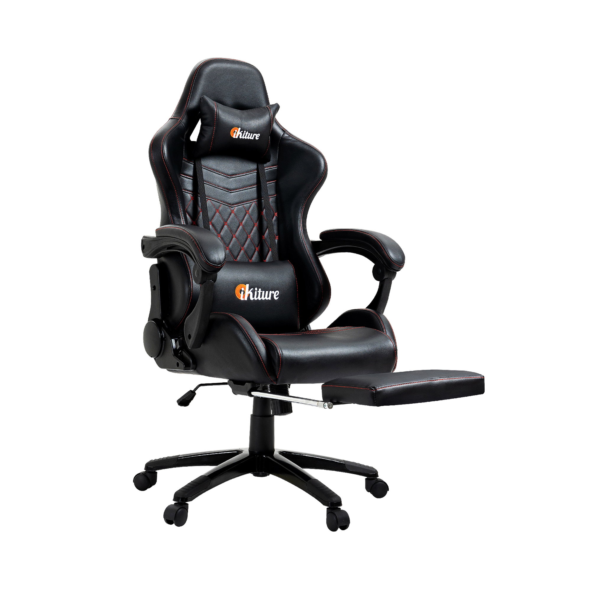 black and white gaming chair with footrest