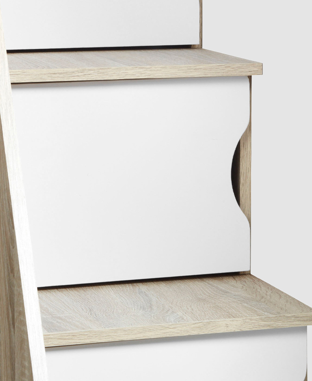 The box steps are honed in on with their cupboard doors closed, and showing generous surface area for feet to climb. The box steps are honed in on with their cupboard doors closed, and showing generous surface area for feet to climb.