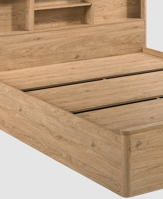 The wide interior slats in the centre of the bed frame are shown from an angled bird's-eye view. The wide interior slats in the centre of the bed frame are shown from an angled bird's-eye view.