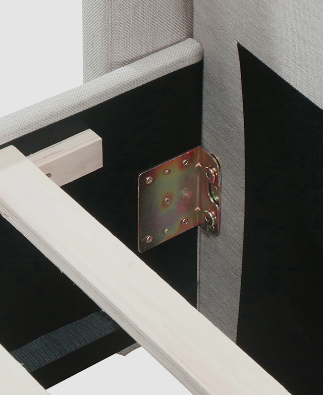 A metal hinge that connects the bed head to the frame is shown, along with flat slats that sit under the mattress. A metal hinge that connects the bed head to the frame is shown, along with flat slats that sit under the mattress.