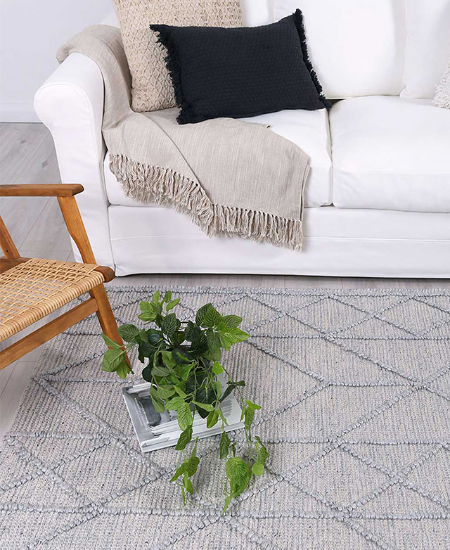 The rug is positioned in front of a white sofa. A timber chair is partially on it, as is a book with a green plant.
