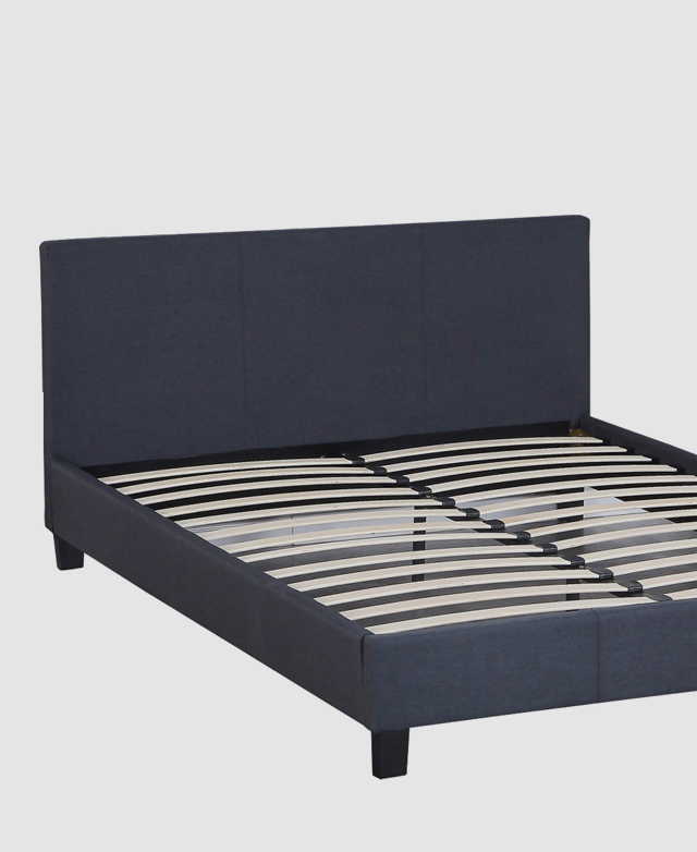 The bed frame is shown assembled from the front at a slight angle, partially cropped. The bed frame is shown assembled from the front at a slight angle, partially cropped.