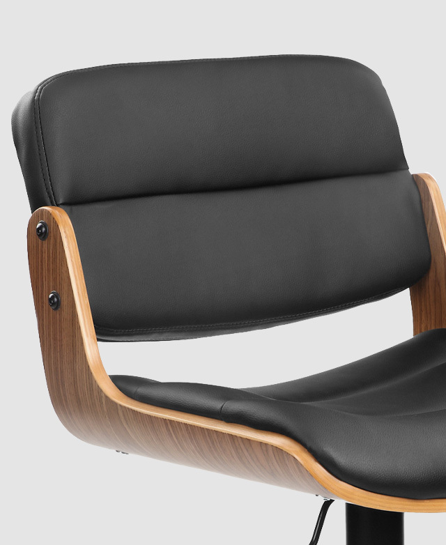 The two panels of the PU backrest, plus the curved plywood frame and its metal hardware, are shown. The two panels of the PU backrest, plus the curved plywood frame and its metal hardware, are shown.