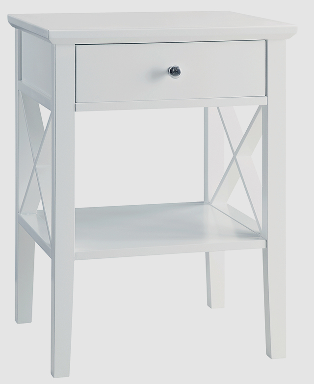 The bedside table has a lower shelf and a neat drawer underneath a spacious top surface.