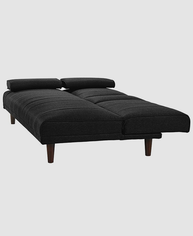 A black sofa bed with linen upholstery. It is folded down in a bed configuration.