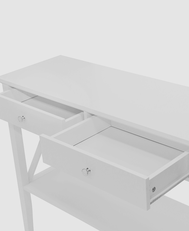 Two drawers underneath the table top are pulled out slightly, illustrating their spacious depth and width from above. Two drawers underneath the table top are pulled out slightly, illustrating their spacious depth and width from above.