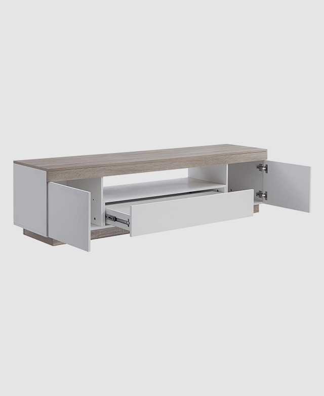 The TV unit has both of its cupboards and its drawer open, plus the central open shelf is on display. The TV unit has both of its cupboards and its drawer open, plus the central open shelf is on display.