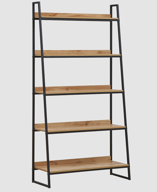 A tall timber and metal ladder bookcase against a white background. A tall timber and metal ladder bookcase against a white background.