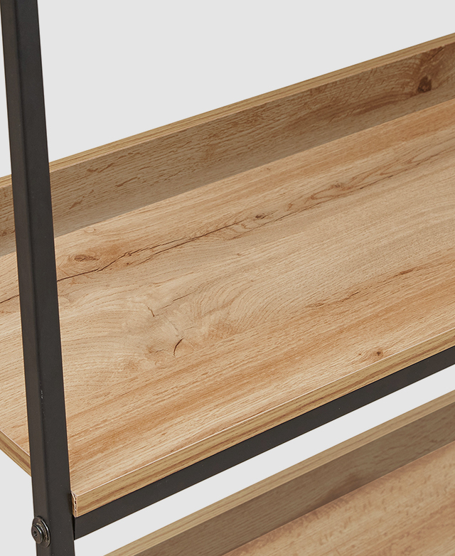 Angled view of the timber finish of a bookcase's shelves. Angled view of the timber finish of a bookcase's shelves.