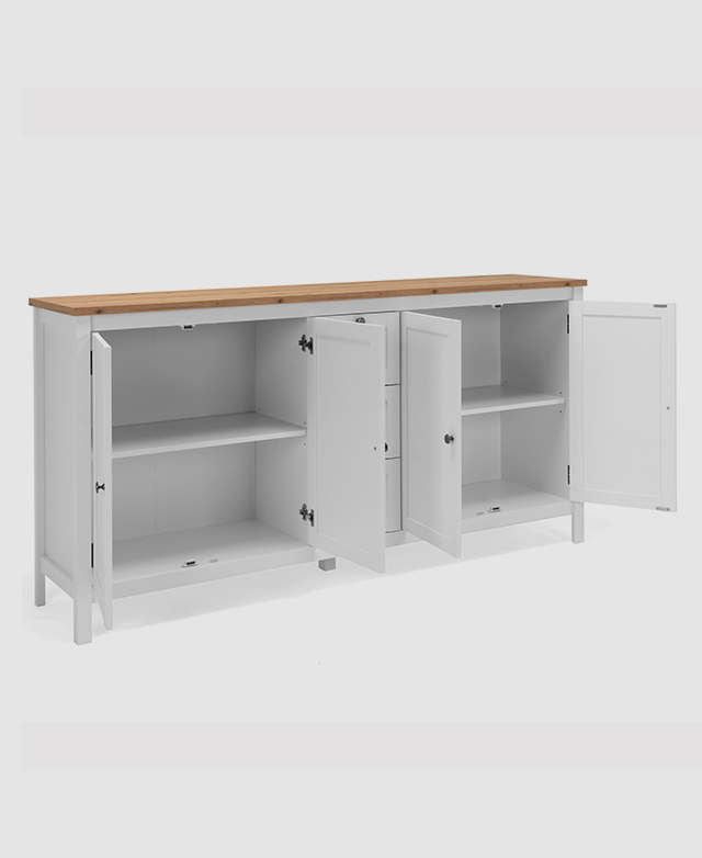 The sideboard is pictured with the cupboard doors open to show the spacious inner shelves.