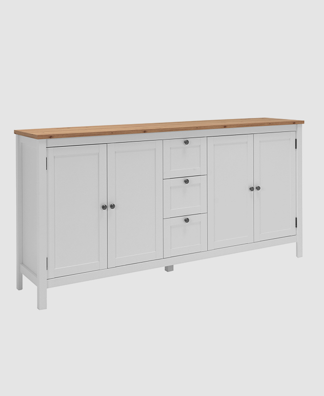 The sideboard is on a white background with all of its doors & drawers closed.
