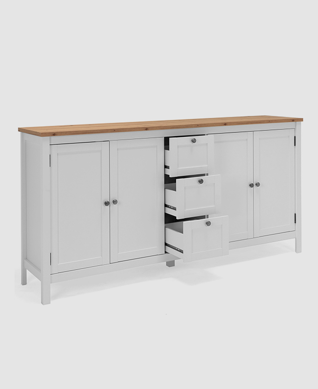 The sideboard is on a white background with the three small central drawers open.