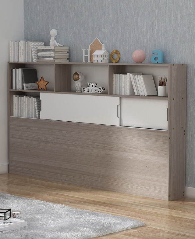 One of the shelf sections is displayed free-standing against a wall, filled with grey-toned books and decor.
