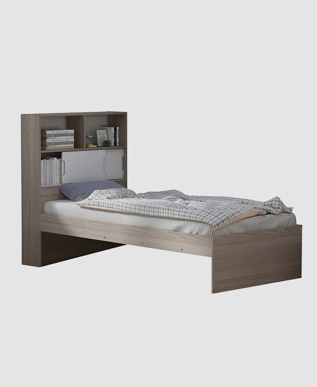 A side view of the bed shows its storage potential, with shelves included and space underneath.