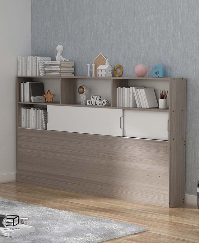 The standalone bookcase that comes with the bed frame is shown, featuring multiple storage units and sliding cabinet doors.
