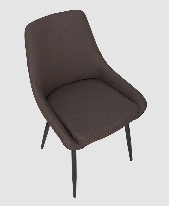 A dining chair with faux leather upholstery and a padded backrest.