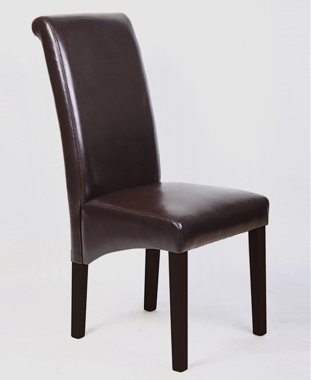A classic dining chair with brown faux leather upholstery. A classic dining chair with brown faux leather upholstery.