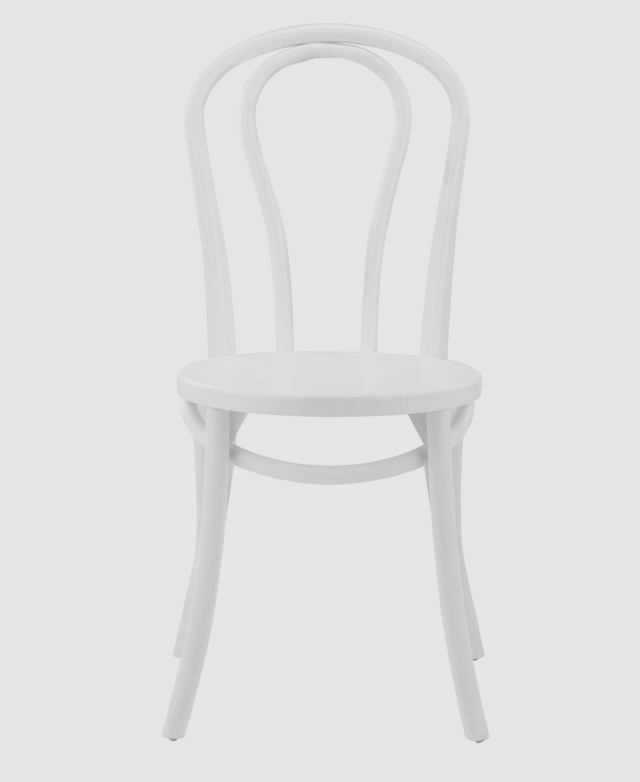 A front-facing chair in a white finish shows its simple lines and classic bentwood features.