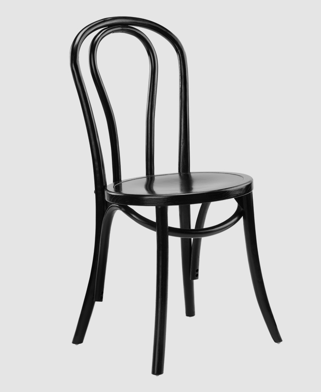 A three-quarter angle of a black iteration highlights the round seat, curved top, and bentwood features.