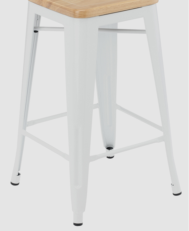 The steel base of the bar stool has an interior foot rest and foot pads underneath each leg.