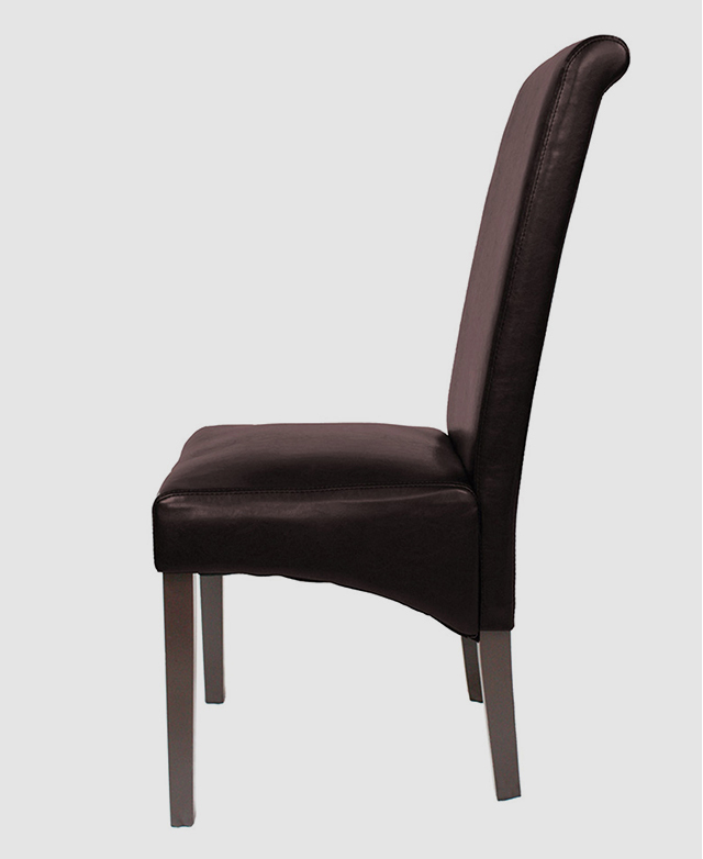 Side profile of a faux leather dining chair. Side profile of a faux leather dining chair.
