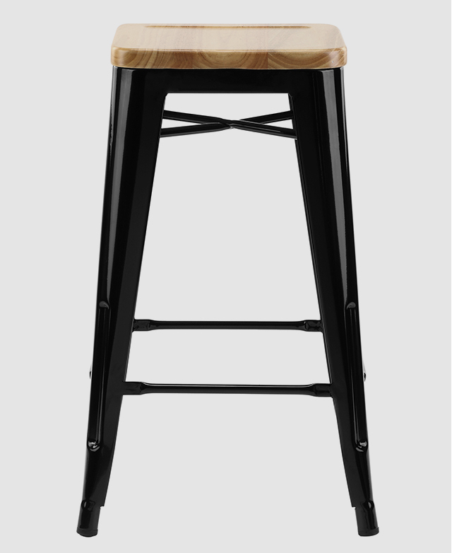 A sleek, simple, and functional bar stool with a timber seat and black steel frame.