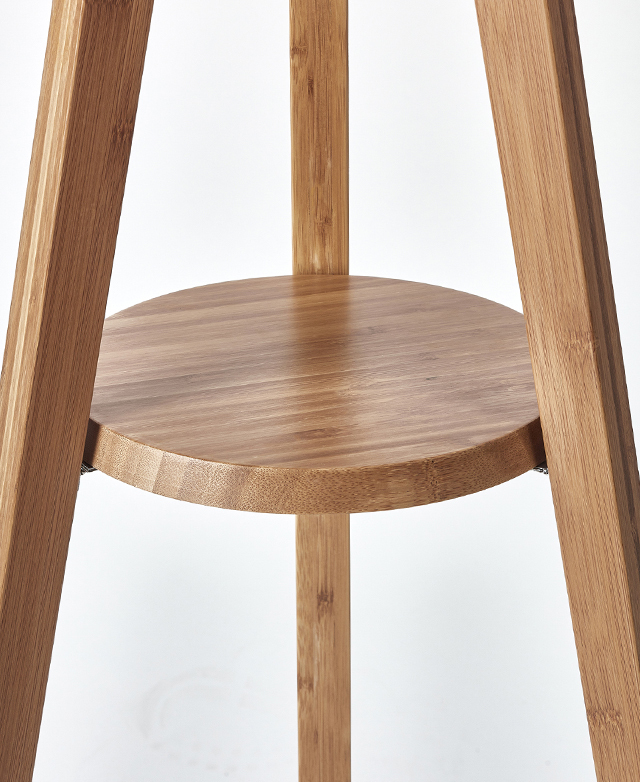 The bamboo base has a chunky tripod leg design, natural wood grain texture, and interior centre shelf.