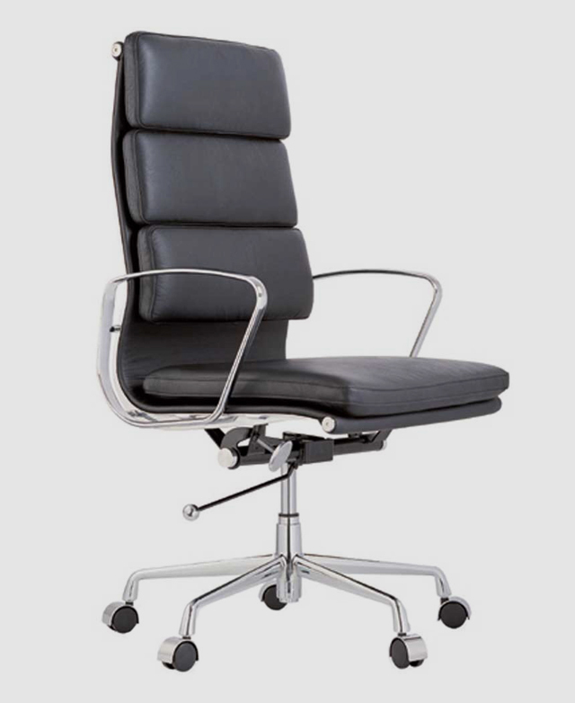 Full view of the office chair, showing the high back and panelled cushioning.