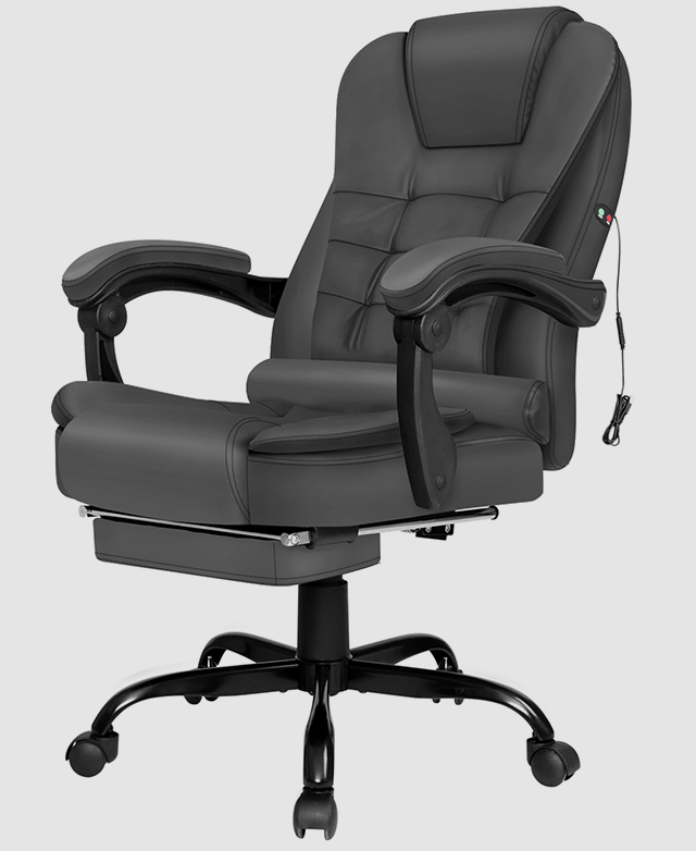 A faux leather office chair with a black chrome five-point star base and castor wheels. A faux leather office chair with a black chrome five-point star base and castor wheels.