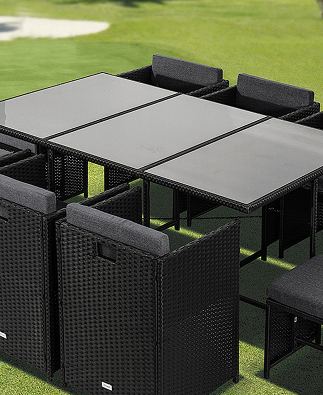 An ten seater outdoor dining set. The dining table top is made of tempered glass for strength and durability.