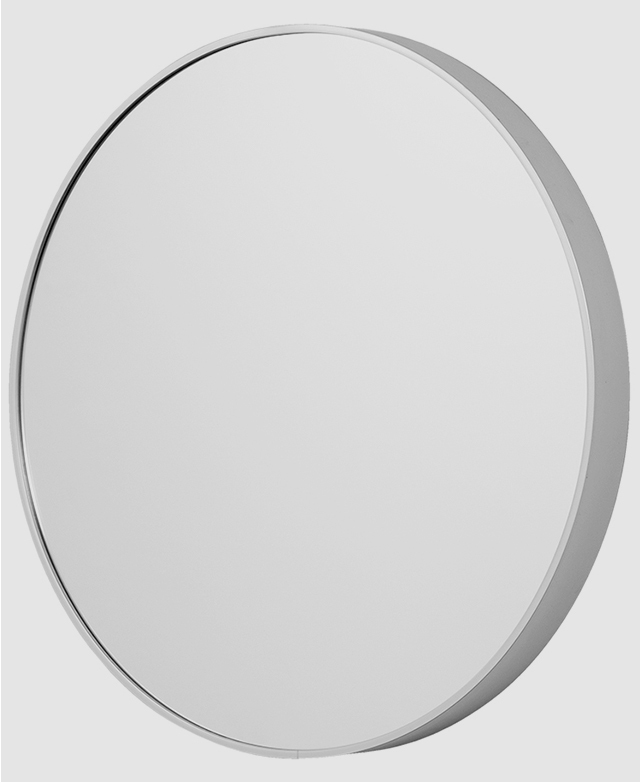 A round mirror with a slim aluminium frame in a silver finish. A round mirror with a slim aluminium frame in a silver finish.