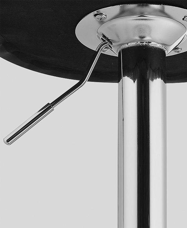 A slim steel gas lift lever underneath a bar stool seat. A slim steel gas lift lever underneath a bar stool seat.