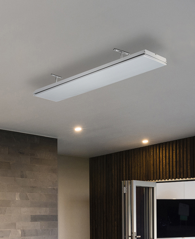 The heater is shown on a white ceiling, with spotlights nearby. The heater is shown on a white ceiling, with spotlights nearby.