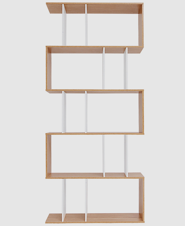 The s-shape of the shelves are depicted in the front-facing positioning of the bookshelf. The s-shape of the shelves are depicted in the front-facing positioning of the bookshelf.