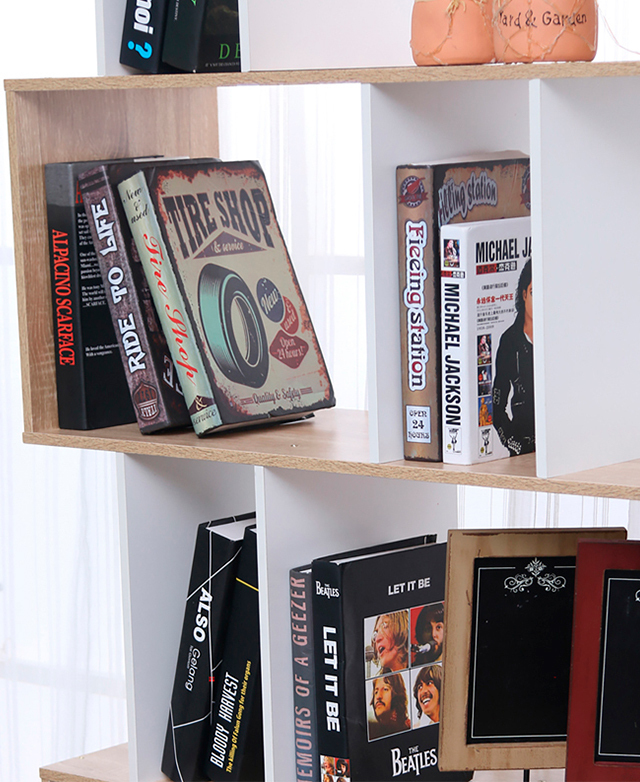 The cropped shot displays several books leaning within the variously sized sections. The cropped shot displays several books leaning within the variously sized sections.