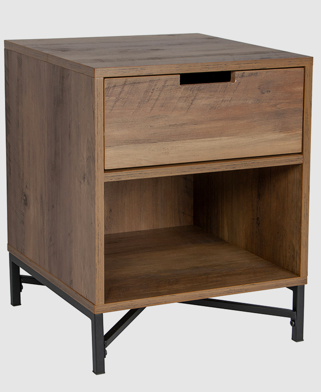 A metal and wood bedside table with a drawer at the top.