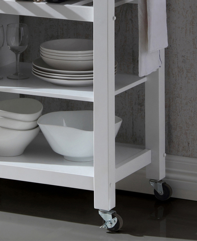 Below the kitchen trolley sits four wheels on castors, that are lockable in place for security and stability.