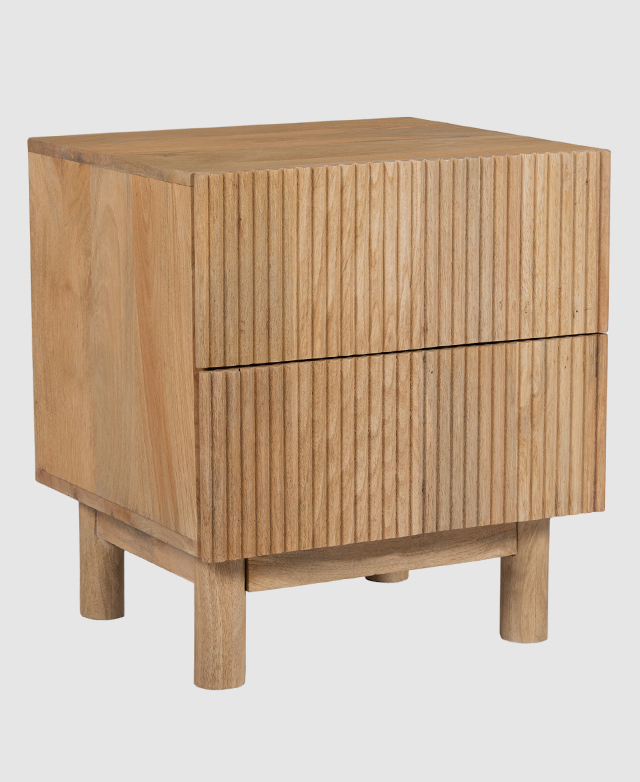 A mango wood bedside table with a blocky profile. The solid wood has a distinctive natural grain.