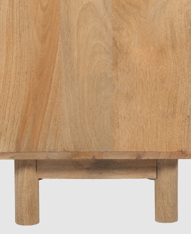 Side view of the round wooden legs underneath the body of the bedside table.