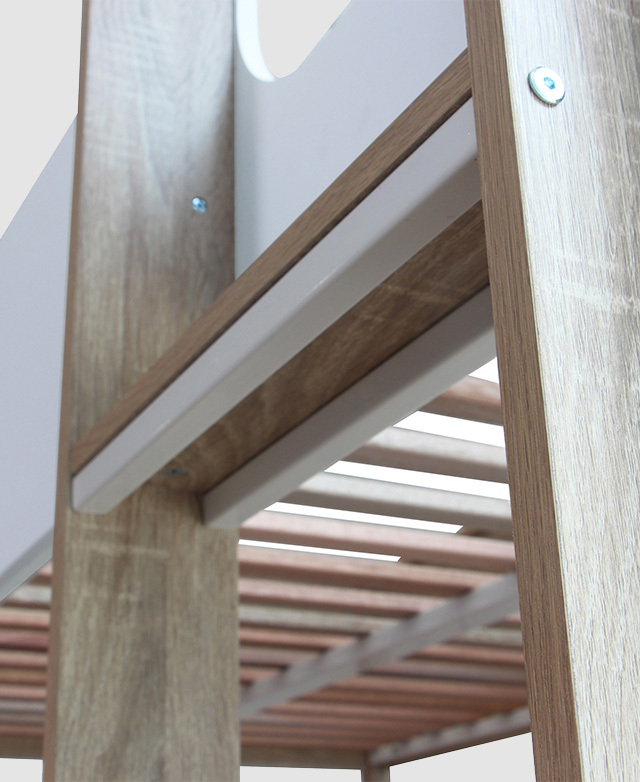 The bunkbed stairs are depicted close up from an upwards-looking angle. The timber frame is supported by metal reinforcement. The bunkbed stairs are depicted close up from an upwards-looking angle. The timber frame is supported by metal reinforcement.