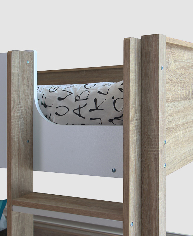 The top step is in the frame, with the top bunk opening showing the black and white graffiti-style bedding. The top step is in the frame, with the top bunk opening showing the black and white graffiti-style bedding.