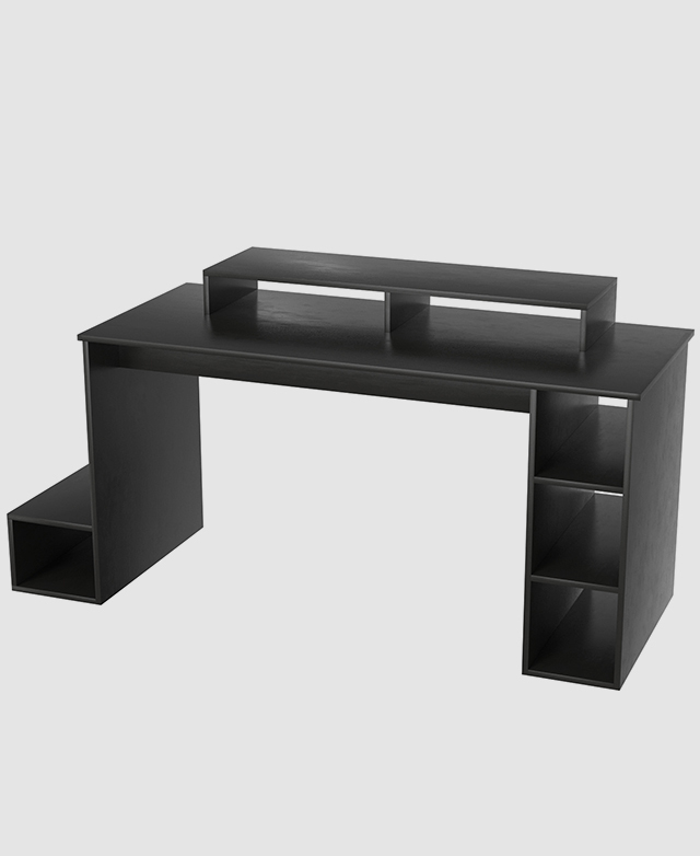 gaming desk with storage shelves