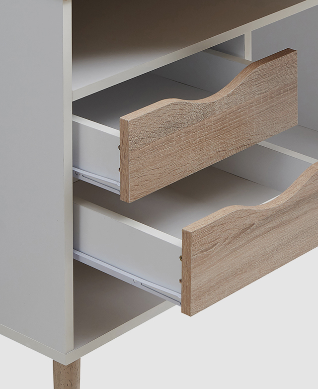 Two empty office desk drawers with a wood-look drawer face are open.