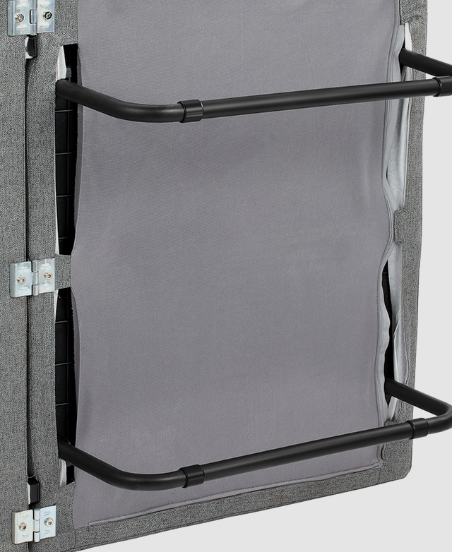 Tubular steel legs are concealed underneath the frame, supporting the sofa bed when it's extended. Tubular steel legs are concealed underneath the frame, supporting the sofa bed when it's extended.