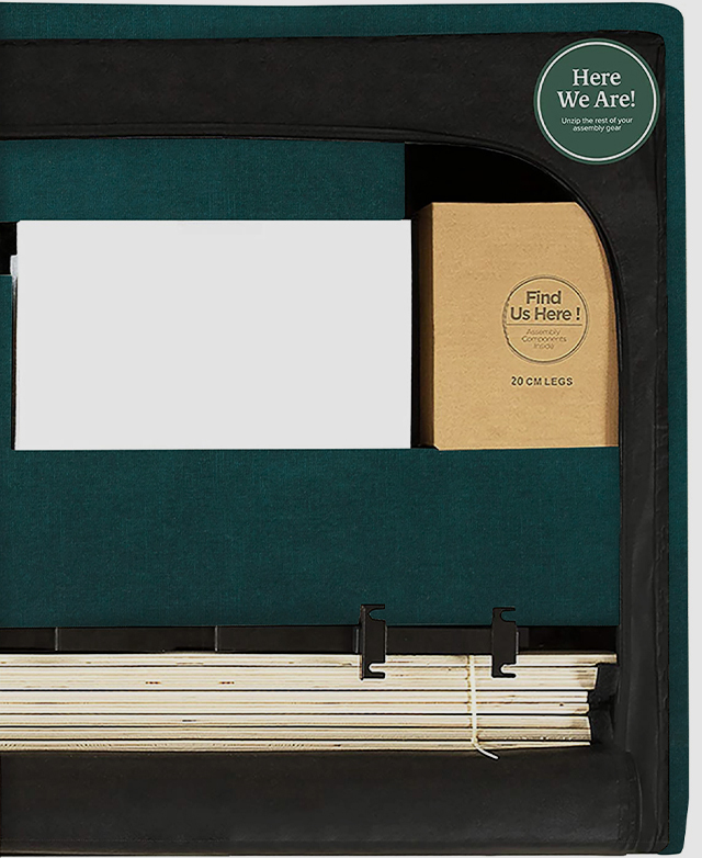 Assembly parts of the sofa are neatly concealed in a section behind the bedhead, secured by a zip closure.