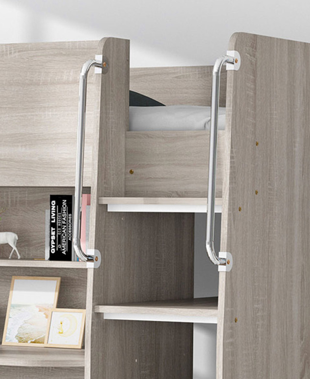 A sturdy staircase is attached at one end, and leads up to the top bunk. Metal handrails are on either side for safety. A sturdy staircase is attached at one end, and leads up to the top bunk. Metal handrails are on either side for safety.
