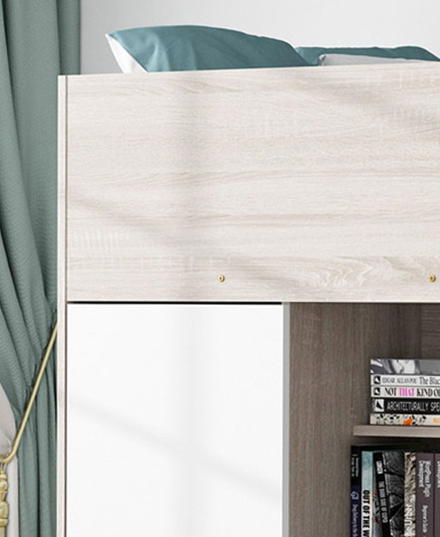 Zooming in on one corner of the bed frame shows the light timber and white tones of the MDF surfaces. Zooming in on one corner of the bed frame shows the light timber and white tones of the MDF surfaces.