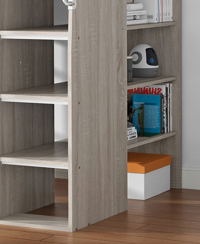 Items are neatly stored on the additional shelves at the foot of the bed. Items are neatly stored on the additional shelves at the foot of the bed.